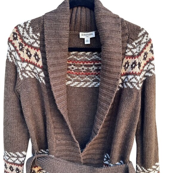 St Johns Bay Womens Shawl Collar Brown Fair Isle Knit Belted Cardigan Sweater PM - Picture 3 of 10
